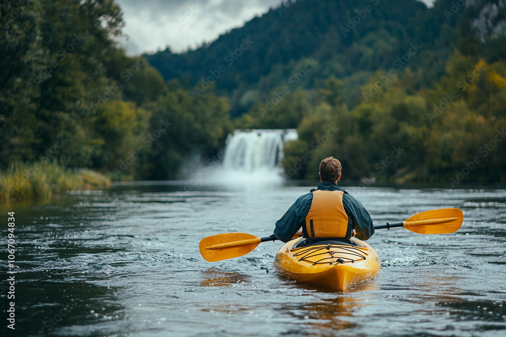 Paddler navigating a serene river with a waterfall in the background