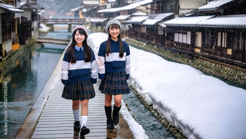 雪の温泉街を歩く女子高生 photo