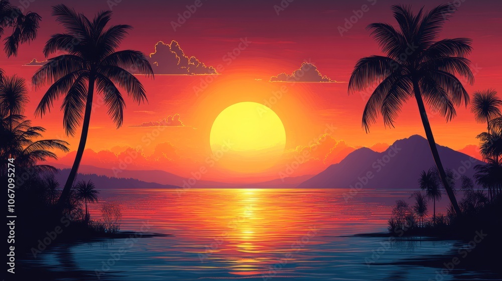 Sunset over a tranquil tropical lagoon with palm trees silhouetted against the sky. Sunset over a tranquil tropical lagoon with palm trees silhouetted against the sky.
