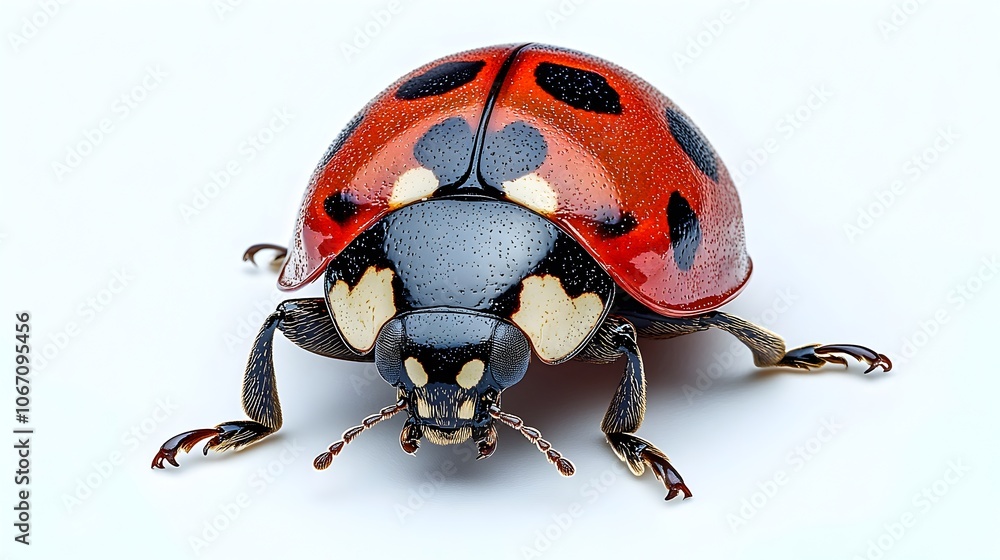 Macro Close-up Photograph of a Vibrant Red and Black Spotted Ladybug Beetle Crawling on a Natural Surface. Detailed Extreme Close-up View of the Insect's Intricate Patterned Shell,Legs,and Antenna. Macro Close-up Photograph of a Vibrant Red and Black Spotted Ladybug Beetle Crawling on a Natural Surface. Detailed Extreme Close-up View of the Insect's Intricate Patterned Shell,Legs,and Antenna.