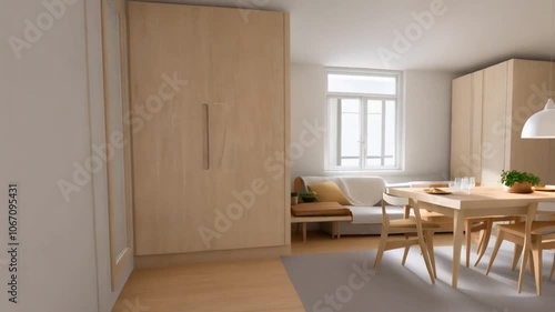 Modern Scandinavian apartment interior featuring an open-plan living and dining area, clean lines, light wood accents, and soft neutral colors; panoramic 