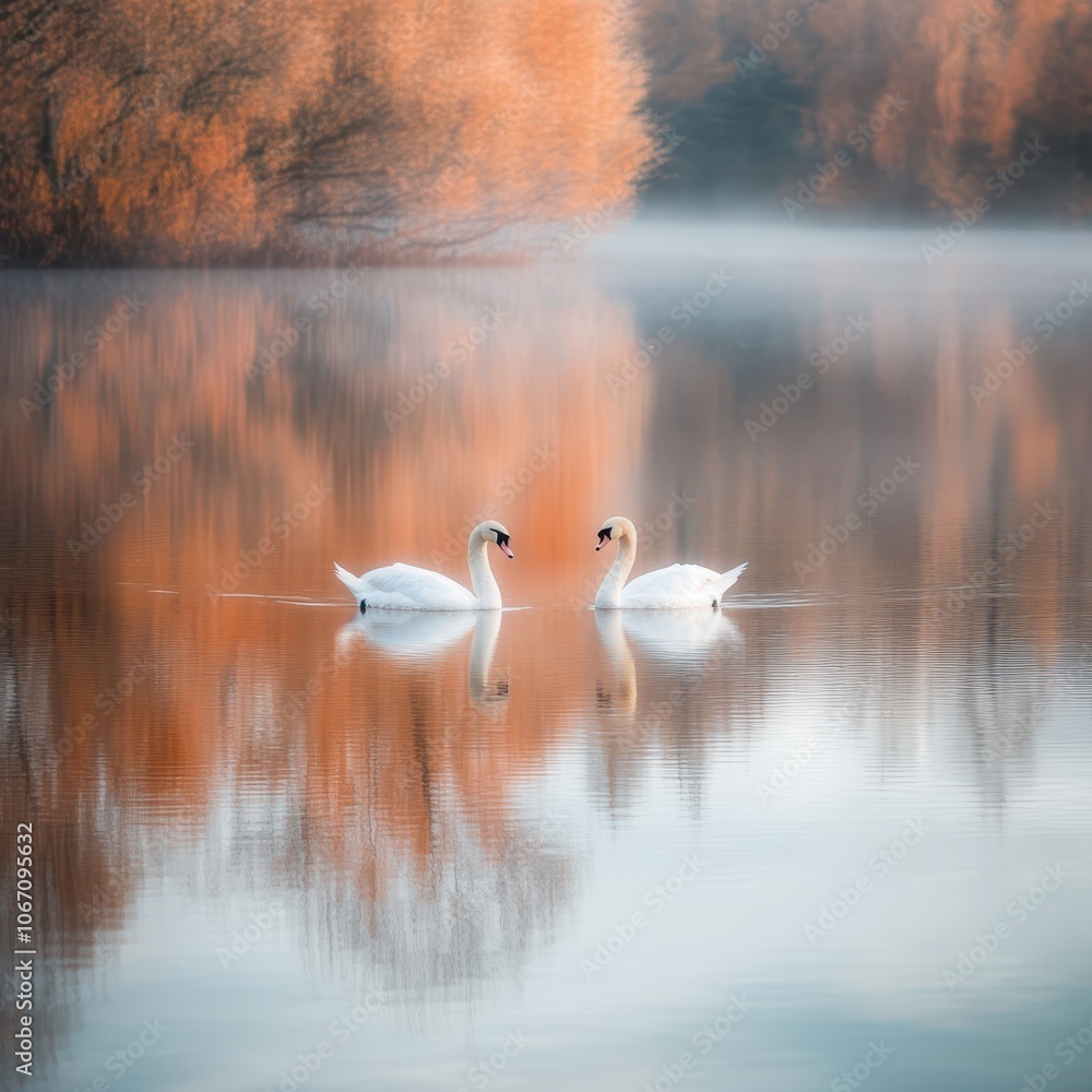 Two elegant swans gliding on a calm lake Two elegant swans gliding on a calm lake