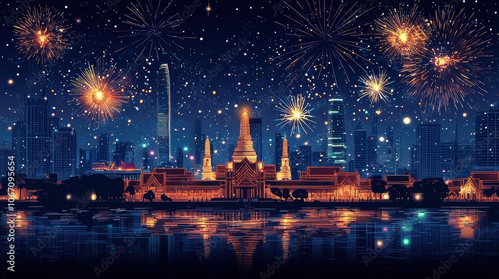 Witness a Spectacular New Year Firework Display Over a Neon Cityscape with Stunning Buildings Reflected in Water Witness a Spectacular New Year Firework Display Over a Neon Cityscape with Stunning Buildings Reflected in Water