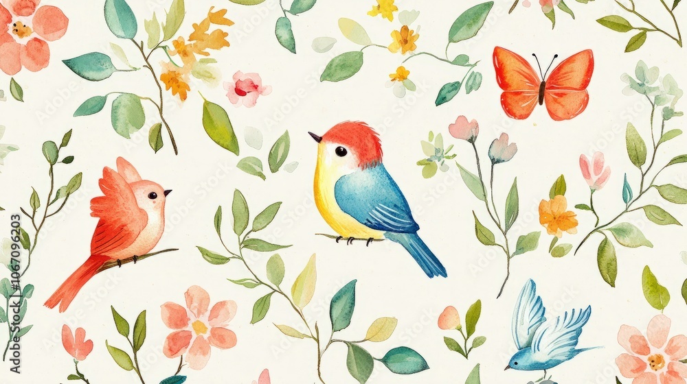 A whimsical watercolor animal pattern with cute hand-painted birds, butterflies, and flowers A whimsical watercolor animal pattern with cute hand-painted birds, butterflies, and flowers