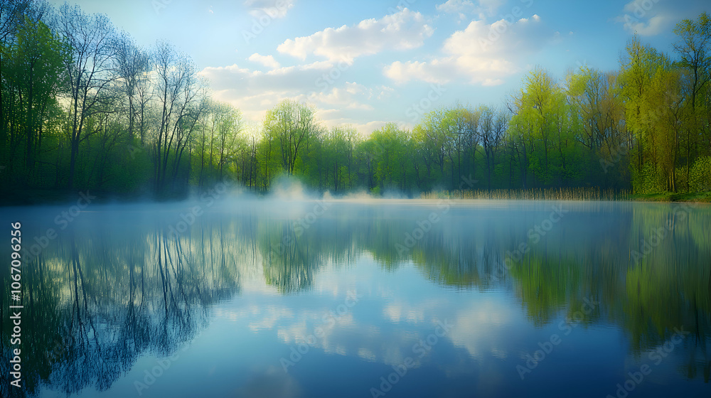 Misty morning over a tranquil lake with lush green trees and a clear blue sky. Misty morning over a tranquil lake with lush green trees and a clear blue sky.