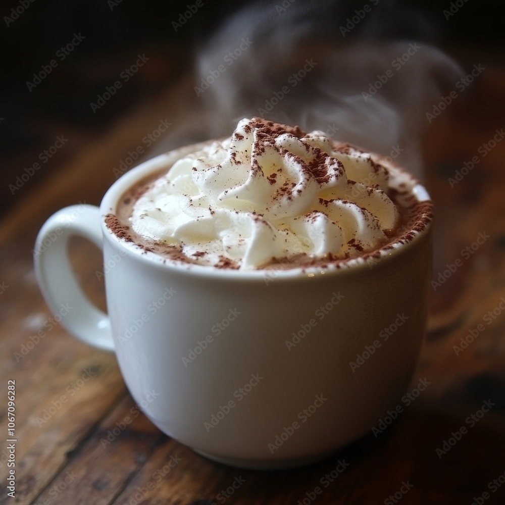 A Steaming Cup of Hot Chocolate Topped with Whipped Cream A Steaming Cup of Hot Chocolate Topped with Whipped Cream