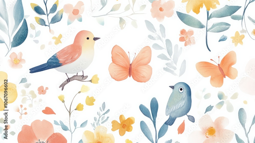 A whimsical watercolor animal pattern with cute hand-painted birds, butterflies, and flowers A whimsical watercolor animal pattern with cute hand-painted birds, butterflies, and flowers