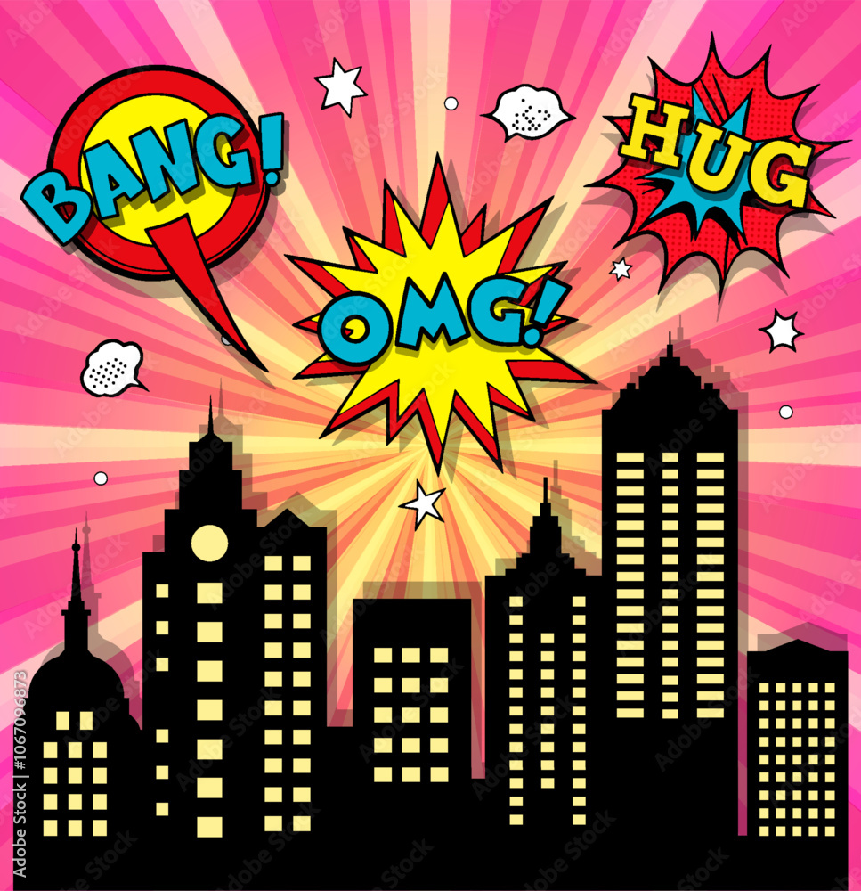 Pink comic book style background with speech bubbles and cityscape silhouette, ideal for superhero stories and marketing campaigns Pink comic book style background with speech bubbles and cityscape silhouette, ideal for superhero stories and marketing campaigns