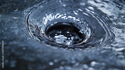 Water on blue background. Water spiraling down a bathtub drain