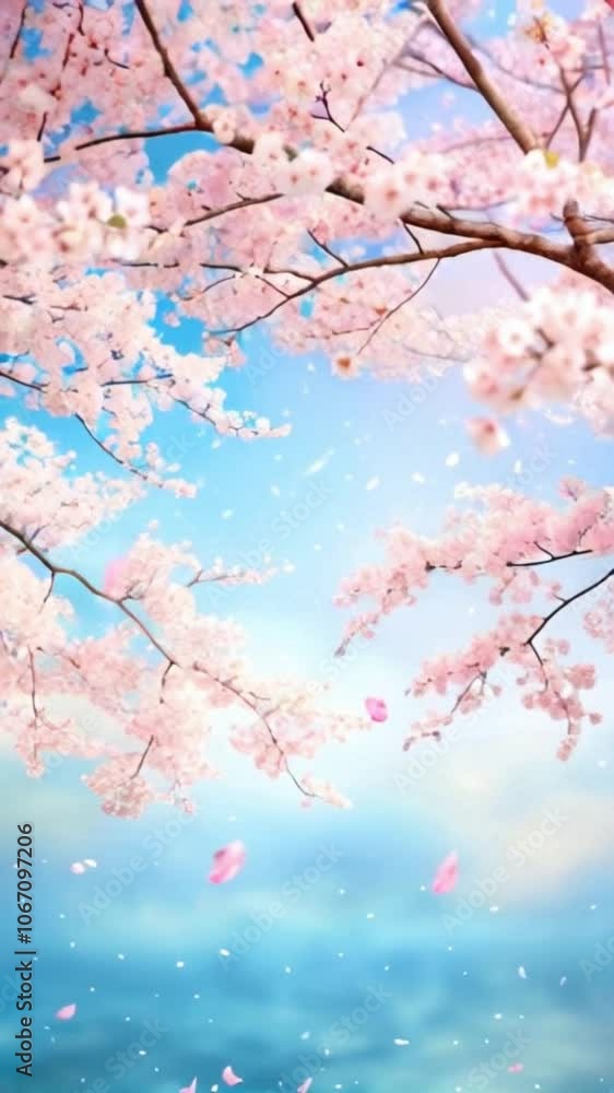 Cherry Blossom Branches with Blue Sky and Falling Petals Cherry Blossom Branches with Blue Sky and Falling Petals