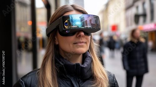a woman using black framed smart glasses 