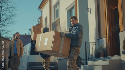 Moving and teamwork in transport services, professional young male movers photo