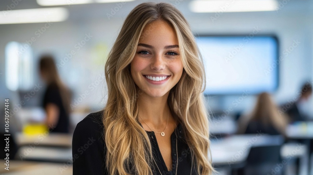 Smiling young woman in a modern classroom setting during a bright afternoon session with students engaged in learning activities Smiling young woman in a modern classroom setting during a bright afternoon session with students engaged in learning activities