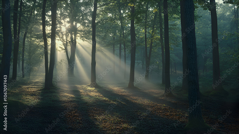 Obraz premium Sunlight beams through a misty forest, illuminating the trees and forest floor.