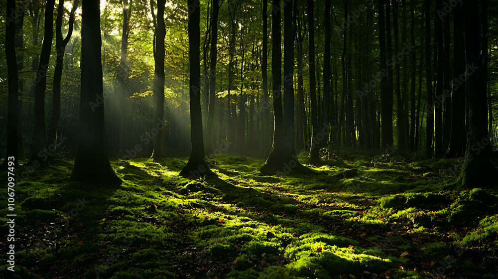 Obraz premium Sunlight beams through trees in a dense forest, illuminating the mossy ground.