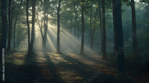 Sunlight beams through a misty forest, illuminating the trees and forest floor.