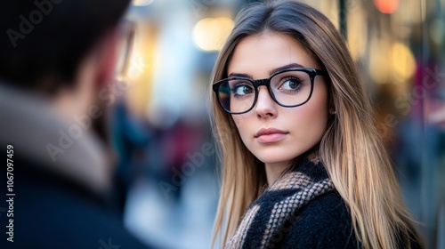 a woman using black framed smart glasses 