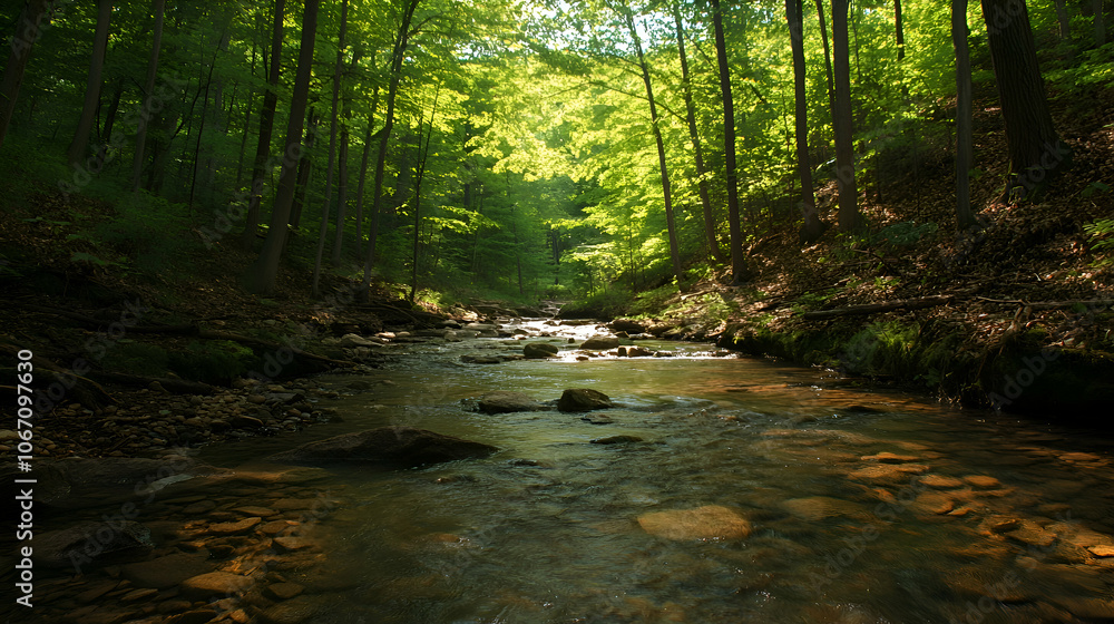 Fototapeta premium Sunlight streams through the trees onto a creek in a lush forest.