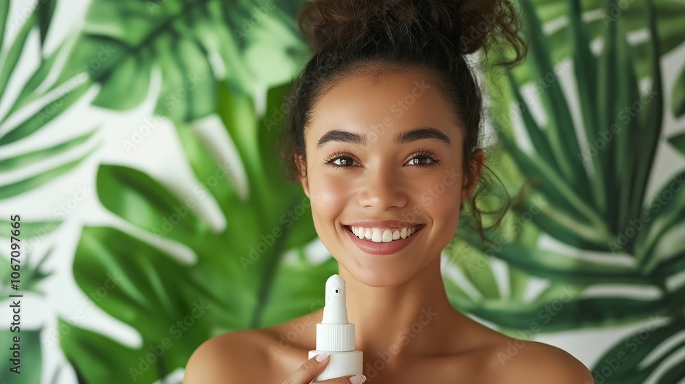 Young woman holding a pump bottle with skin care product Young woman holding a pump bottle with skin care product