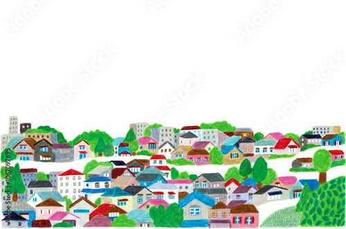 手描きイラスト　緑のある街並み