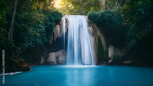 Tranquil waterfall cascading into a turquoise pool surrounded by lush greenery.