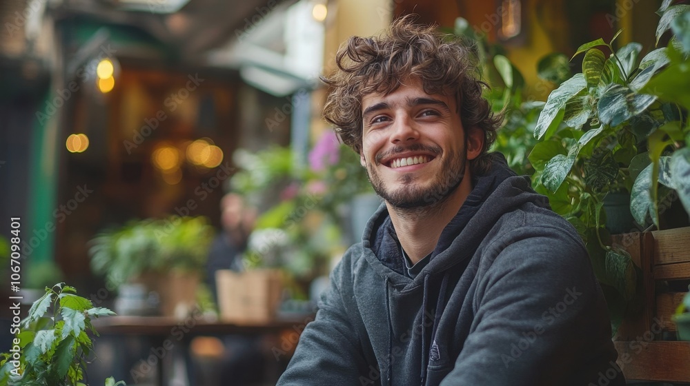 A young man enjoying a cheerful moment among lush greenery in a cozy café on a bustling city street during the golden hour A young man enjoying a cheerful moment among lush greenery in a cozy café on a bustling city street during the golden hour