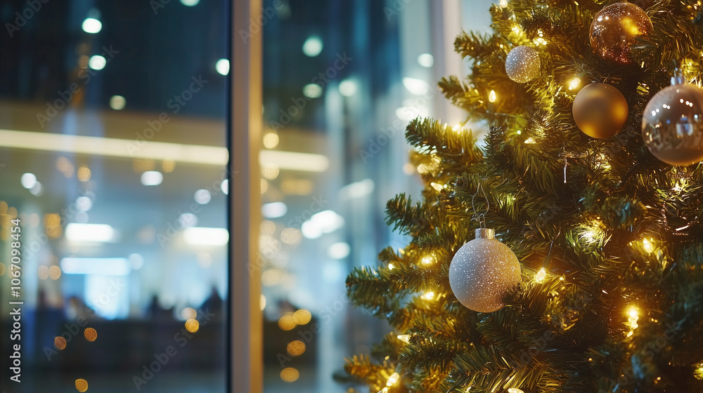 Close-up of festively decorated Christmas tree in office with copy space. Close-up of festively decorated Christmas tree in office with copy space.