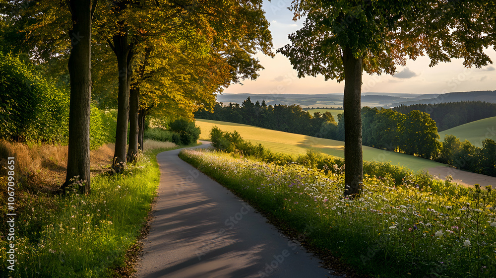 Obraz premium Winding paved road through a field of wildflowers leads to a scenic valley at sunset.