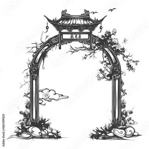 Black and White Illustration of a Chinese Archway with Floral and Cloud Elements