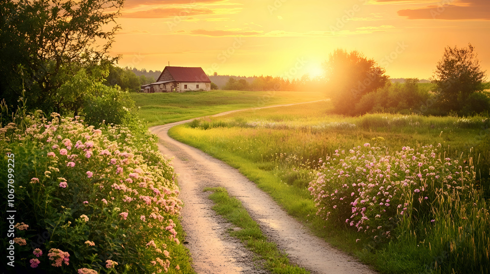 Obraz premium A dirt road winds through a green meadow towards a small house in the distance as the sun sets in a fiery orange sky.