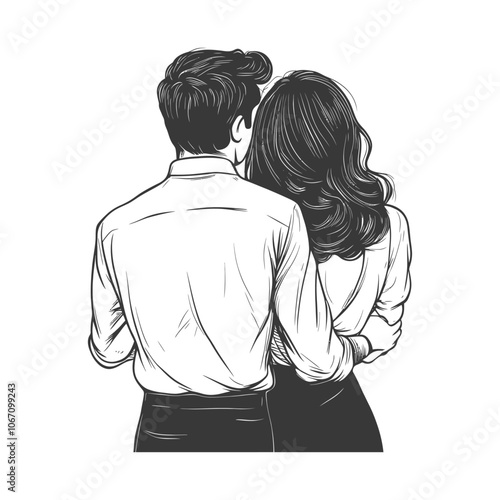 Black and white illustration of a couple embracing from behind