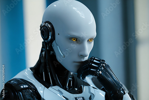 A sleek robotic figure with its hand on its chin, deep in thought, characterized by its distinctive yellow glowing eyes, conveying intelligence and futuristic design. photo