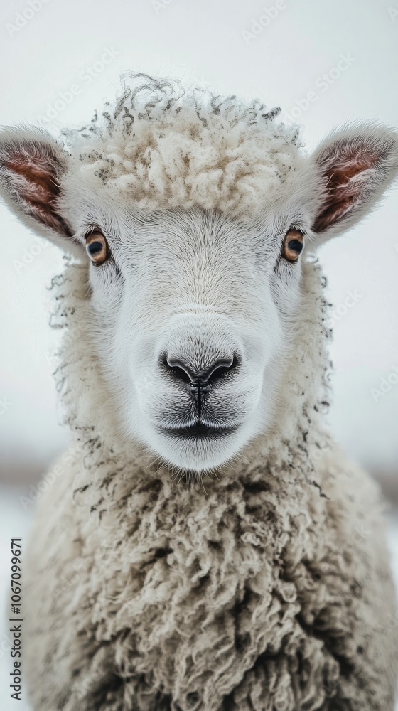 Obraz premium A close up view of a friendly sheep with curly wool looking curiously at the camera indoors