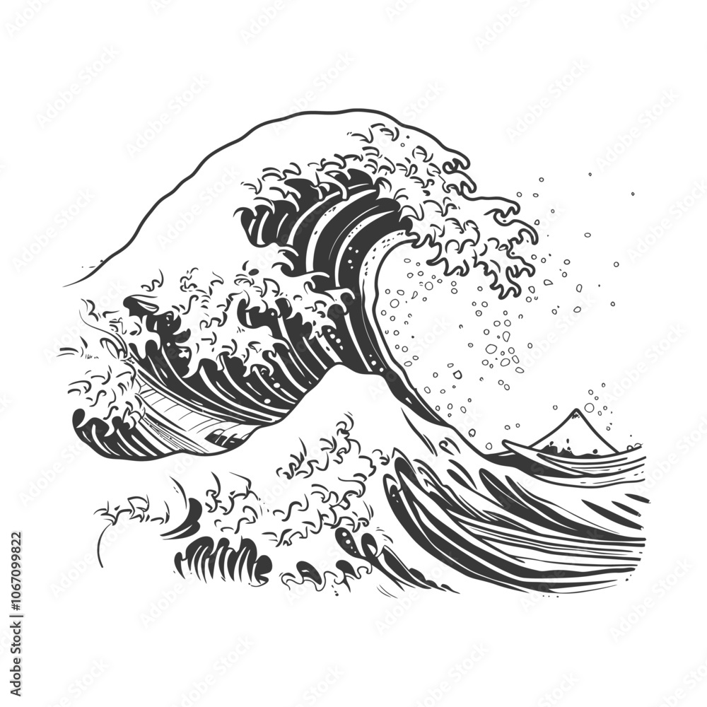 Black and White Illustration of a Large Wave Breaking Over a Mountain Black and White Illustration of a Large Wave Breaking Over a Mountain