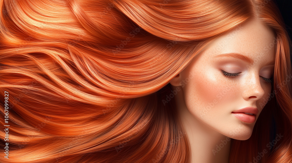 Naklejka premium Kobieta z miedzianymi włosami, delikatnie podświetlonymi, tworzy efektowny i zmysłowy portret.