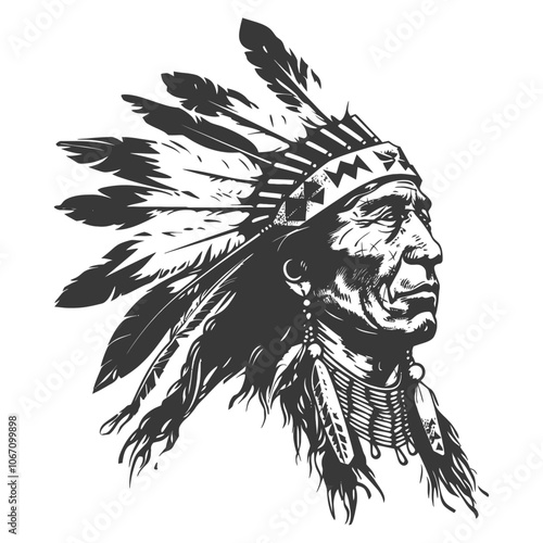 Black and White Illustration of a Native American Chief in Profile Wearing a Headdress