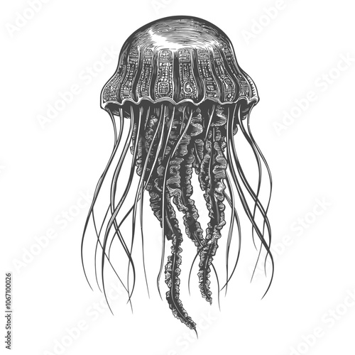 Black and White Detailed Illustration of a Jellyfish