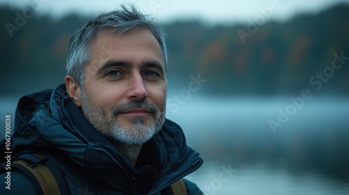 A thoughtful man smiles by the tranquil lake at dawn, surrounded by mist and autumn colors in the crisp morning air