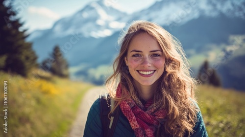 beautiful woman hiking in the Alps, smiling brightly.