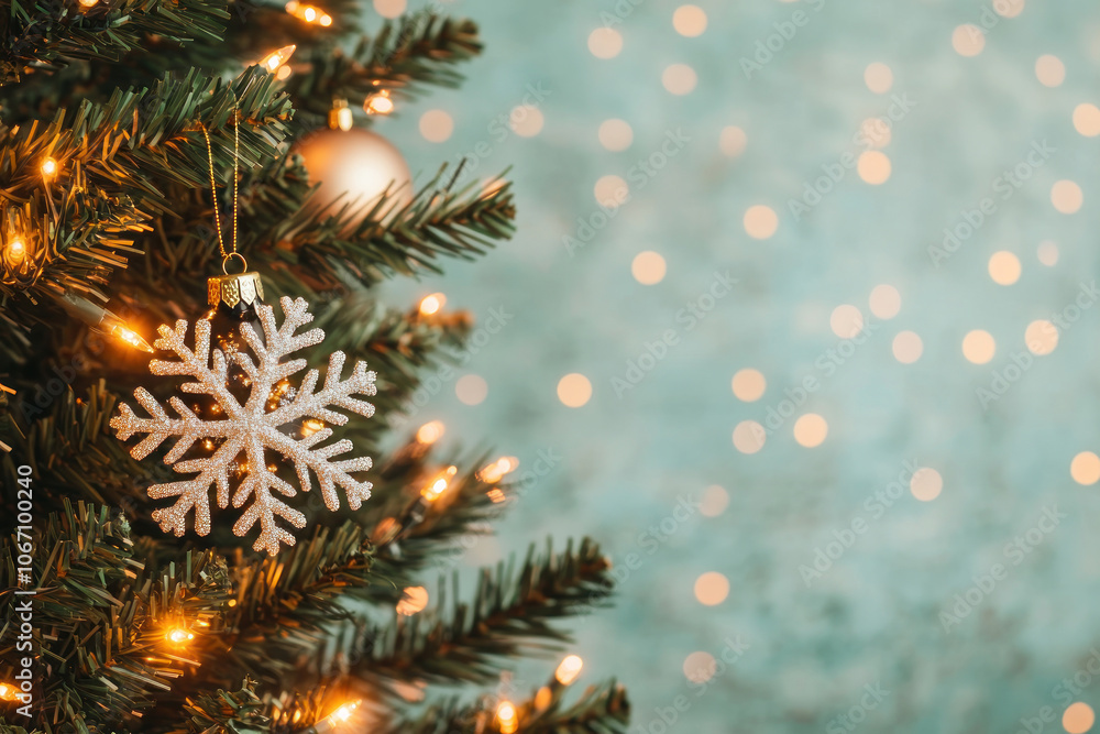 Christmas tree decoration with snowflake ornament and sparkling lights. Christmas tree decoration with snowflake ornament and sparkling lights.