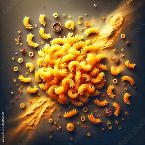 Fusillini, penne and other pasta, decoratively displayed in motion. Food AI photo