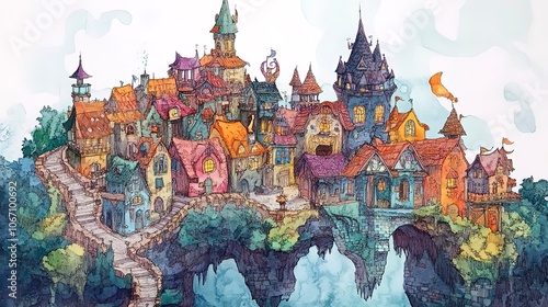 A drawing of a fantasy village.