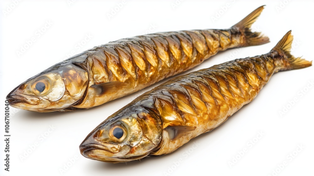 Smoked mackerel placed on a bright white background for visual clarity. AI generated Smoked mackerel placed on a bright white background for visual clarity. AI generated