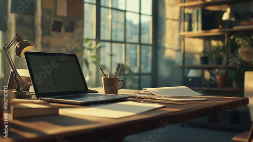 Wallpaper Mural Laptop, Notebook, and Desk in Cozy Office Space with Natural Light Torontodigital.ca