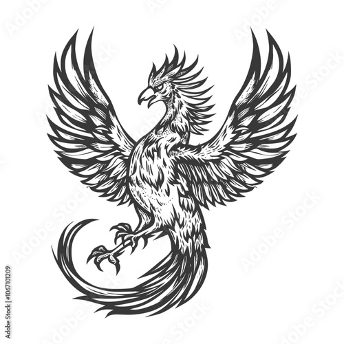Black and White Hand Drawn Illustration of a Phoenix Bird with Spread Wings