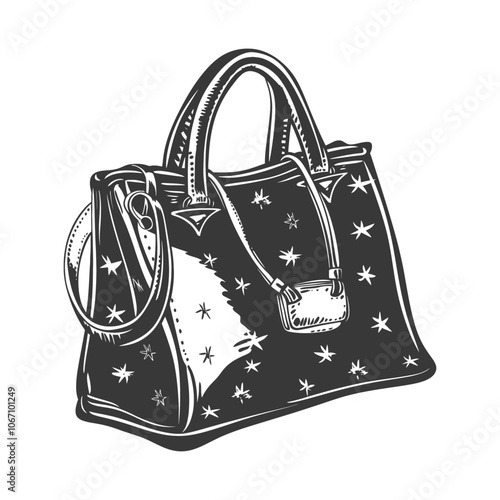 Black and White Hand Drawn Illustration of a Starry Patterned Handbag