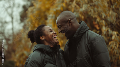 Happy Couple Laughing in Autumn Park