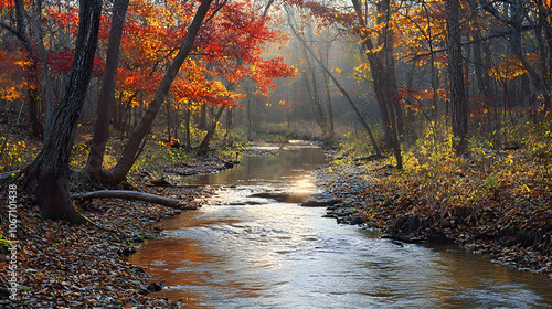 A stream flows through a misty autumn forest  with vibrant foliage in shades of red  orange  and yellow.
