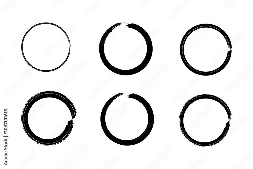 Hand-drawn set of circle ink brush strokes illustrating the Zen enso, symbol of Buddhism. Includes rough-edged frames and doodle-like designs. Hand-drawn set of circle ink brush strokes illustrating the Zen enso, symbol of Buddhism. Includes rough-edged frames and doodle-like designs.