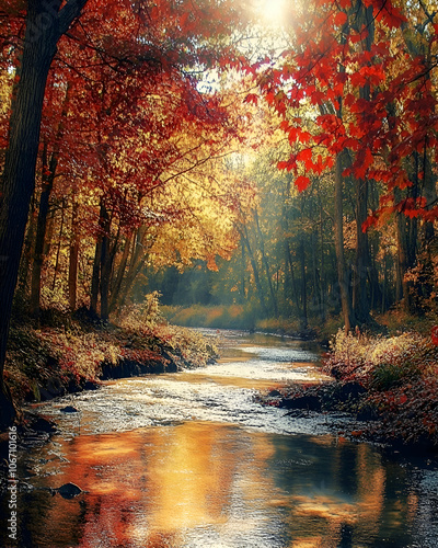 A sunlit stream flows through a forest of vibrant autumn colors.